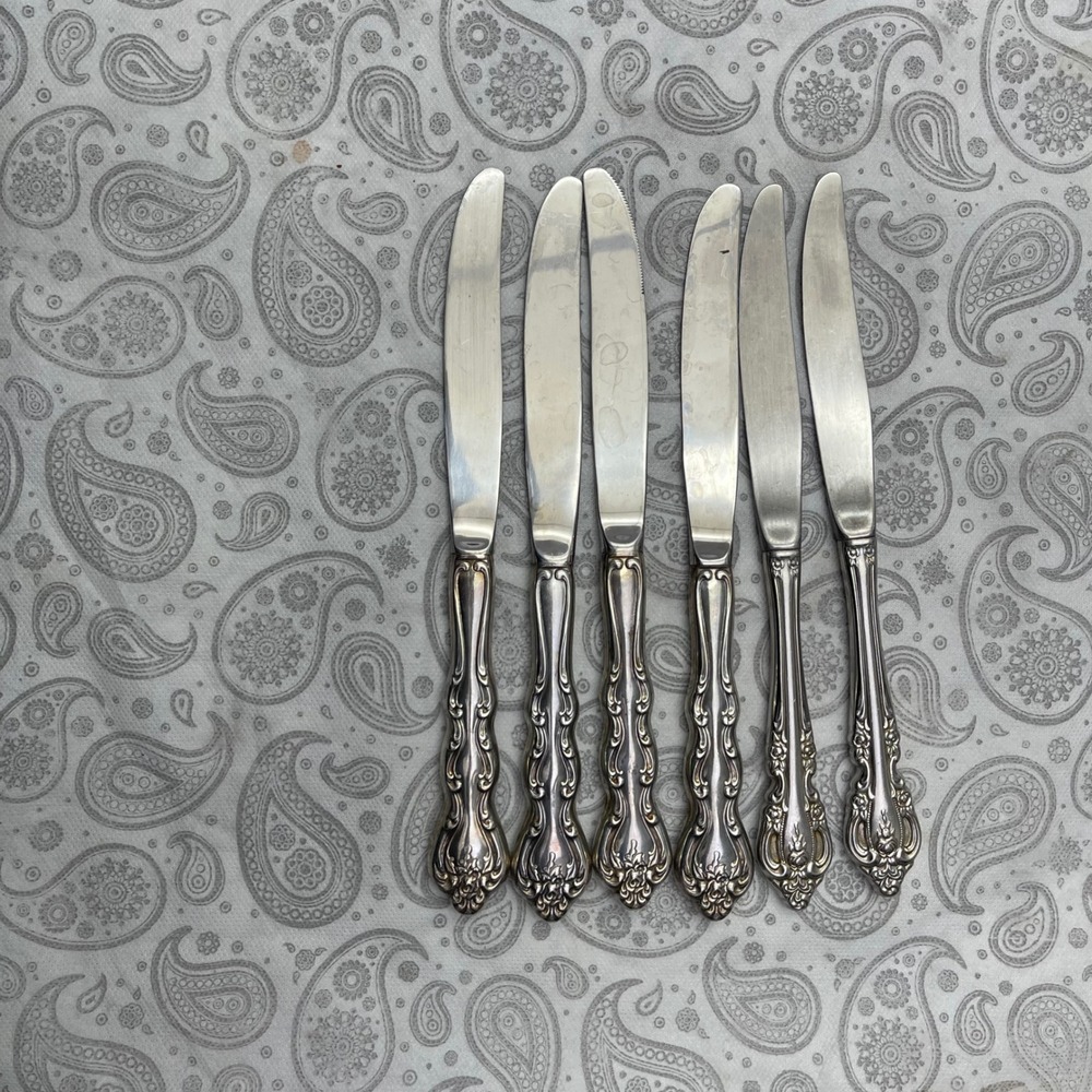 Vintage Stainless Dinner Knives Set of 6 Floral Scroll Flatware Silverware